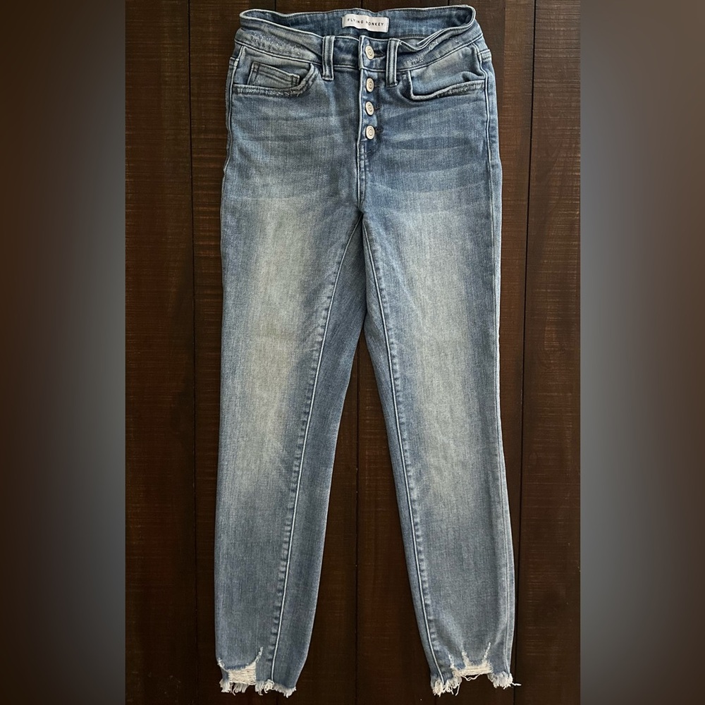 Flying Monkey Raw Hem Medium Wash Skinny Jeans